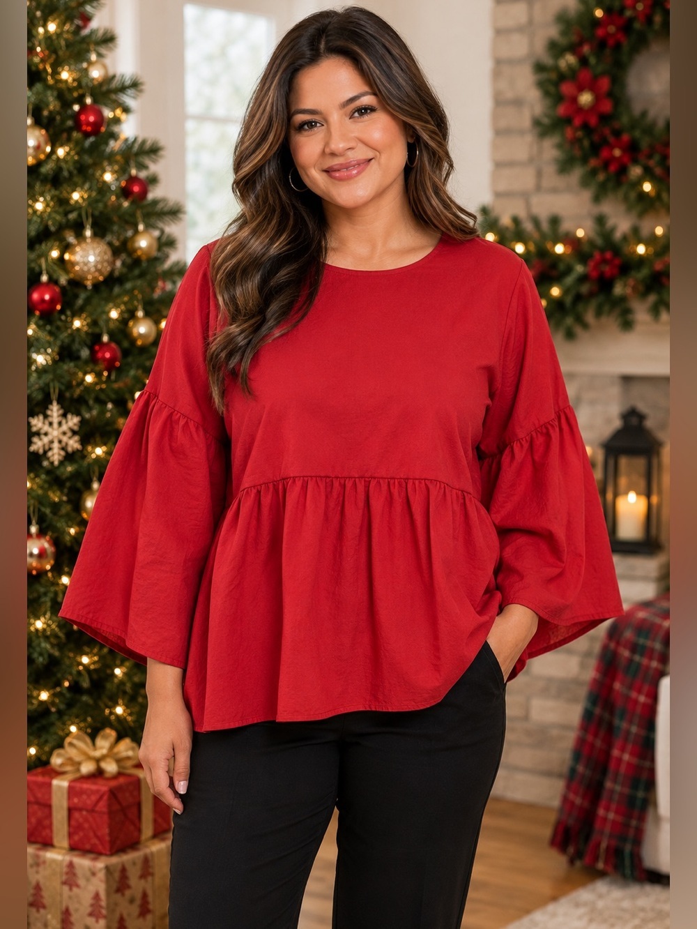 ZARA Women’s Red Peplum Balloon Sleeve Blouse Size M. Holiday Christmas Top